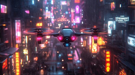 A sleek drone illuminated by neon lights, soaring through a cyberpunk city with neon signs and glowing streets, embodying cutting-edge innovation.