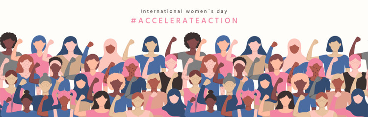 Accelerate action seamless banner. Diverse multicultural girls with hands raised up with closed fists. International Women's day border. Modern flat IWD 2025 template. AccelerateAction biceps up.