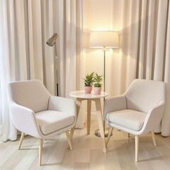 Two white chairs are sitting in front of a table