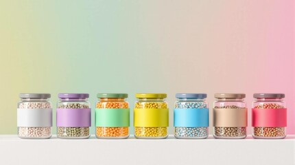 A row of jars with different colored lids