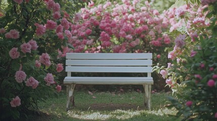 A white bench sits in a garden with pink flowers in the background. The bench is empty and surrounded by greenery
