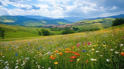 Sunny hill wildflowers, village valley view, nature