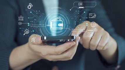 Businessman Hand Using smartphone for Online Payment by Digital Wallet. Transaction on Mobile...