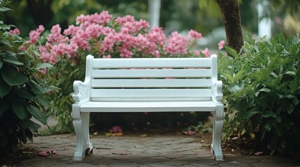 A white bench sits in a garden with pink flowers in the background. The bench is empty and surrounded by greenery