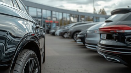 Black car parked at dealership, other cars in background