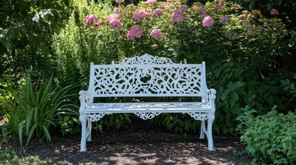 A white bench sits in a garden with pink flowers in the background. The bench is empty and surrounded by greenery
