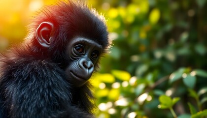 Fototapeta premium Close up of a baby gorilla with playful eyes, fluffy black fur, and a sunlit forest in the background
