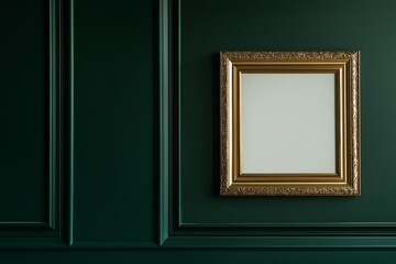 Fototapeta premium blank mockup of retro luxury poster in gold foil frame hanging on dark green wall