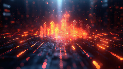 Fototapeta premium Digital Futuristics cityscape of upward trending arrows, symbolizing growth of Business Policy aging positive Thinking Concept