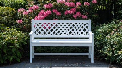 A white bench sits in a garden with pink flowers in the background. The bench is empty and surrounded by greenery