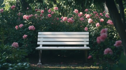 A white bench sits in a garden with pink flowers in the background. The bench is empty and surrounded by greenery