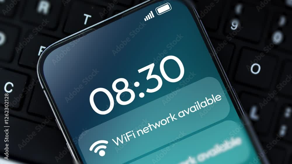 Poster wifi network available notification on the mobile screen with a keyboard in the backdrop, 4k footage