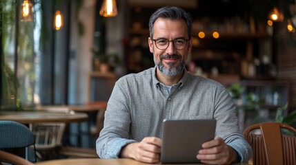 Fototapeta premium Engaging Portrait of a Professional Businessman in a Modern Café Setting with a Tablet