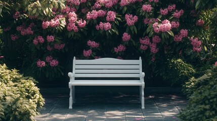 A white bench sits in a garden with pink flowers in the background. The bench is empty and surrounded by greenery