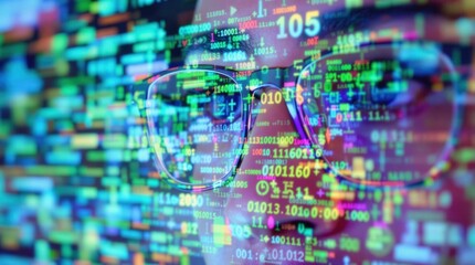 A woman wearing glasses is looking at a computer screen with a lot of numbers