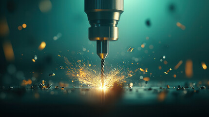 Obraz premium Crisp close up of high speed steel milling, showcasing sparks and metal shavings. dynamic scene captures precision and energy of machining