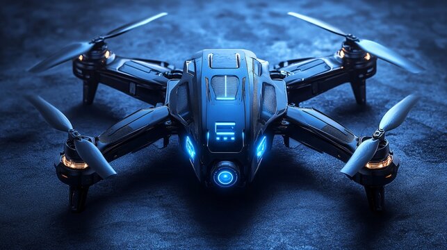 Smart blue holographic drone with camera, visualizing AI-driven disaster response coordination and advanced aerial monitoring capabilities.