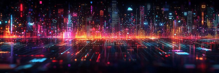 Fototapeta premium A close-up of an abstract digital screen showing video streaming, with glowing lines and digital interfaces in the background, giving it a futuristic look