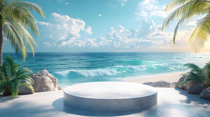 Fototapeta premium Scenic Coastal View with Modern Minimalist Architecture and Tropical Palm Trees