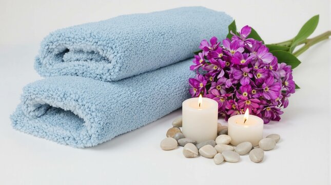 Two blue towels are on a white background