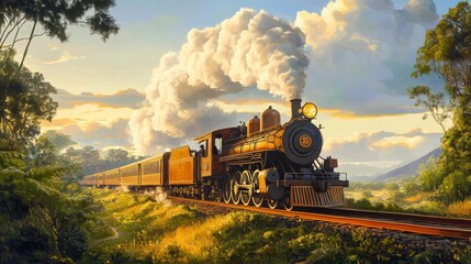 Obraz premium A vintage steam train crossing a picturesque countryside, steam billowing, under a clear sky, surrounded by lush greenery,