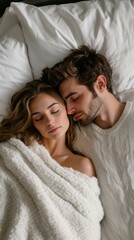 Top view of married couple sleeping and embracing, resting in bed, spouses napping at home, Generative AI