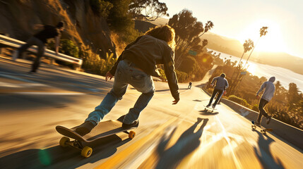  Energetic skateboarders race down a sunlit coastal road. Freedom, youth, and adrenaline fueled.