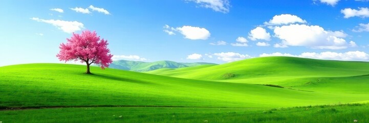 Fototapeta premium Rolling green hills, blossoming trees, clear blue sky, outdoor, view