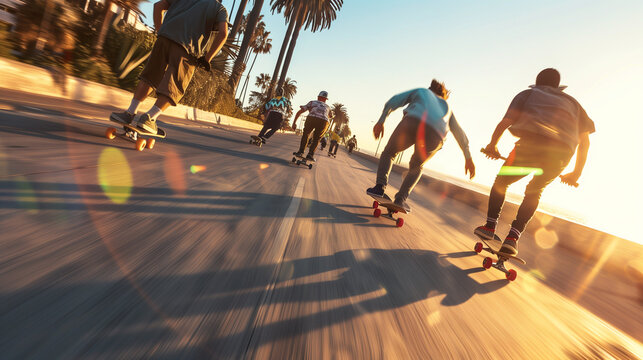 Unstoppable energy: Skateboarders racing down sunlit coastal road. Freedom & speed. - Powered by Adobe