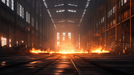 Naklejka premium detailed perspective of steel casting workshop with flames illuminating space, showcasing industrial machinery and dramatic atmosphere