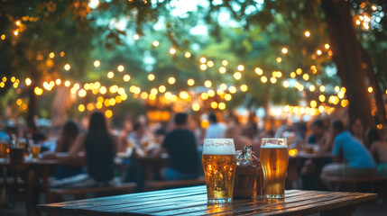 A Lively Summer Evening at the Beer Garden Enjoying Refreshing Brews Under Twinkling Lights