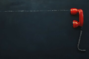 Old red telephone handset on black background