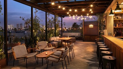 Obraz premium Rooftop Bar with City View at Dusk