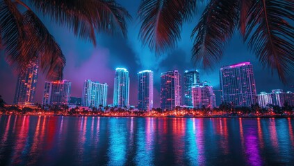 Obraz premium Miami skyline at night, neon lights reflecting on water, palm trees