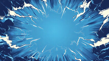 Blank blue comic-style background featuring thunder lightning bolts for a dramatic dialog or caption setting in the centre