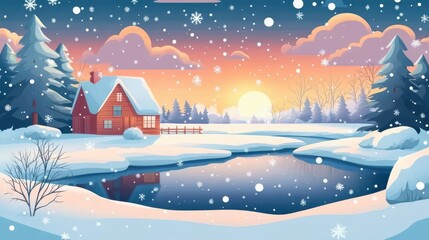 Naklejka premium Winter wonderland cabin by a frozen lake