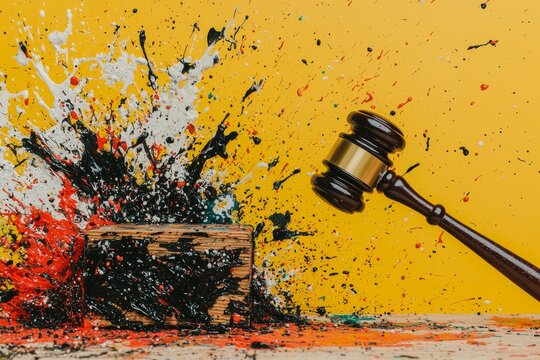 A stylized depiction of a gavel hitting a block, embodying the implementation of rules, characterized by sharp lines and dramatic shading