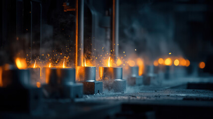 Dynamic perspective of high pressure aluminum die casting process with sparks and smoke. scene captures intensity and precision of industrial