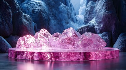 Illuminated Pink Crystals Display in a Mystical Cave Setting