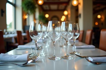 Neatly arranged empty glasses on a table, symbolizing simplicity and order in dining.