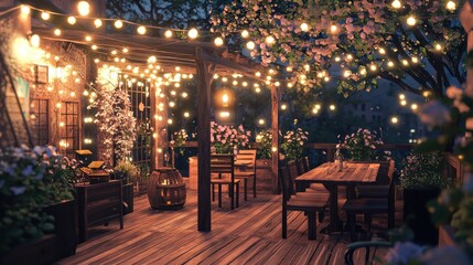 Fototapeta premium Romantic Night at a Cozy Outdoor Patio, String Lights and Blooming Flowers