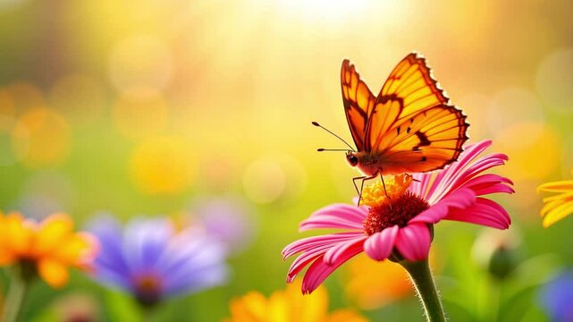 Butterfly Sitting on Pink Flower against Blurred Floral Background