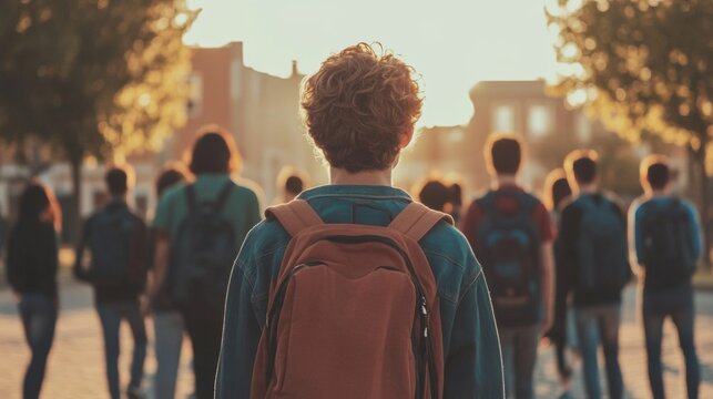 Student walking, sunset, city, crowd, education