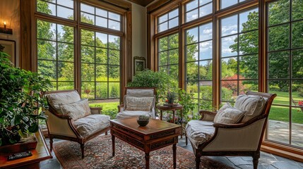 Fototapeta premium Serene Sunlit Room Overlooking Lush Greenery