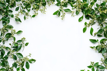 Fototapeta premium Fresh green leaves and small buds frame a white background, creating a natural and elegant border.