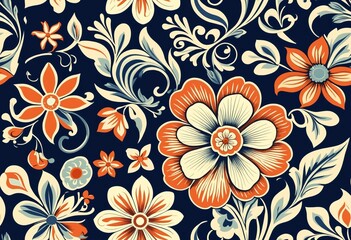 Seamless pattern with stylized ornamental flowers in retro, vintage style. Illustration on navy blue background