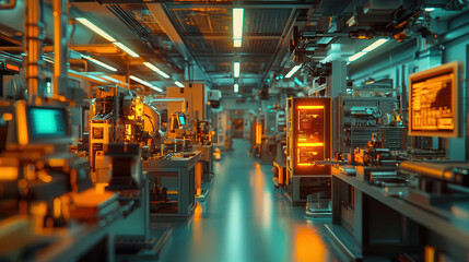 Naklejka premium Futuristic industrial scene with glowing machinery and advanced technology, showcasing vibrant workspace filled with equipment and screens