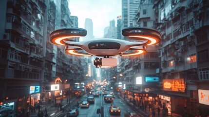 Futuristic drone hovering over a bustling city street, delivering packages to high-rise buildings, representing innovative urban mail solutions.
