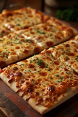 Perfectly baked cheese, Margherita pizza. Square pizza slices, topped with melted cheese, herbs and spices. on clean dark surface. product photography.