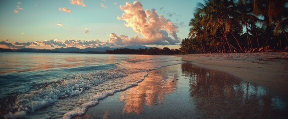 A tranquil depiction of a deserted island shoreline bathed in the gentle glow of a warm sunset, epitomizing paradise and serenity in every aspect